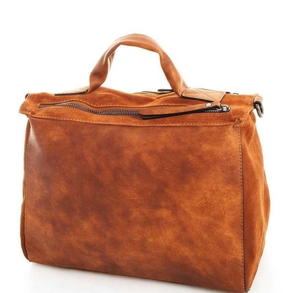 Genuine Leather Crossbody Satchel - Cognac - Picture 4 of 7
